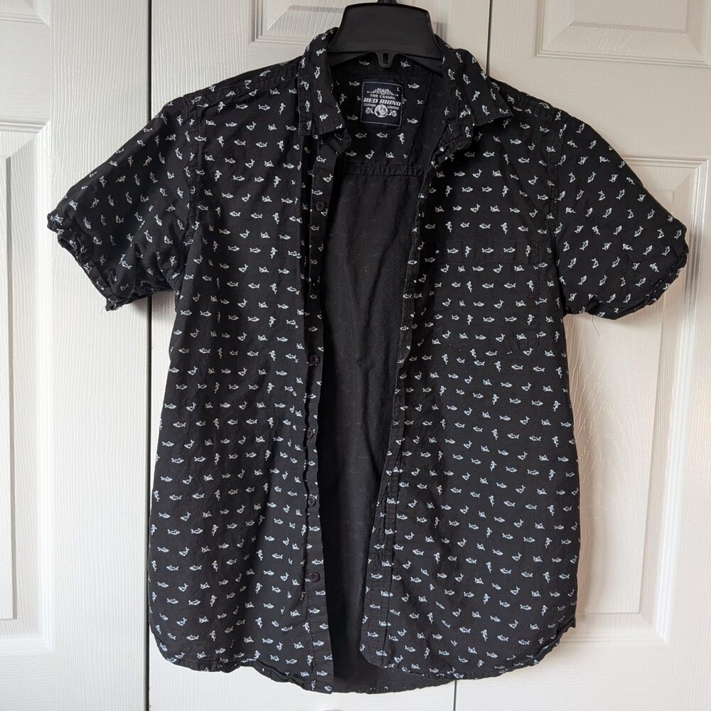 Red Rhino Shirt Men's Large Button Down Shark Short Sleeve Nautical Beachy